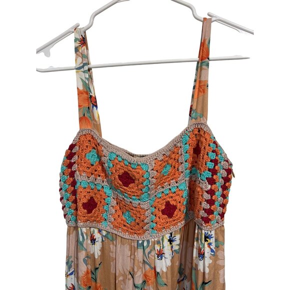 Easel Vintage-Inspired Floral Dress With Crochet Bodice Sleeveless Boho Maxi Bei - Picture 2 of 12